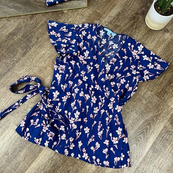 Draper James Blue Floral Linen True Wrap Top Size 10 - Picture 2 of 5